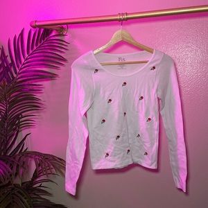 FCT BASICS - ROSE EMBROIDERED WHITE LONG SLEEVE TOP